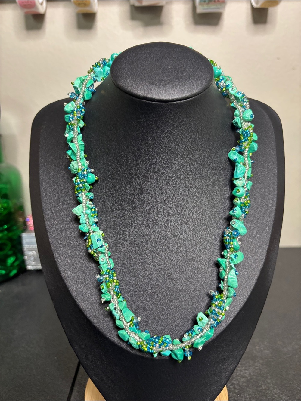 Handcrafted Turquoise Beaded Women’s Necklace Sparkly Elegant Green Statement